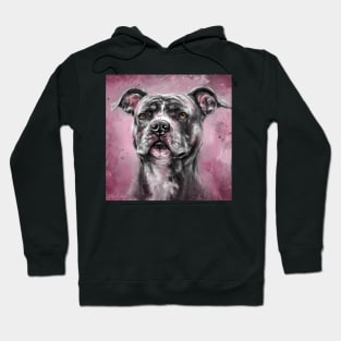 Painting of a Gray / Black Pit Bull Looking into the Horizon, on Purple Background Hoodie